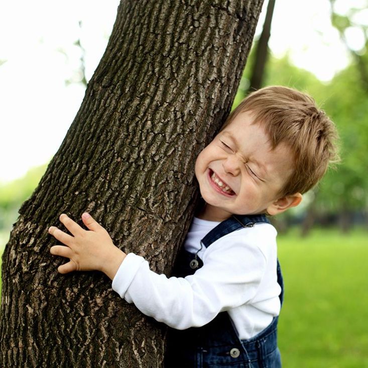Kind umarmt einen Baum